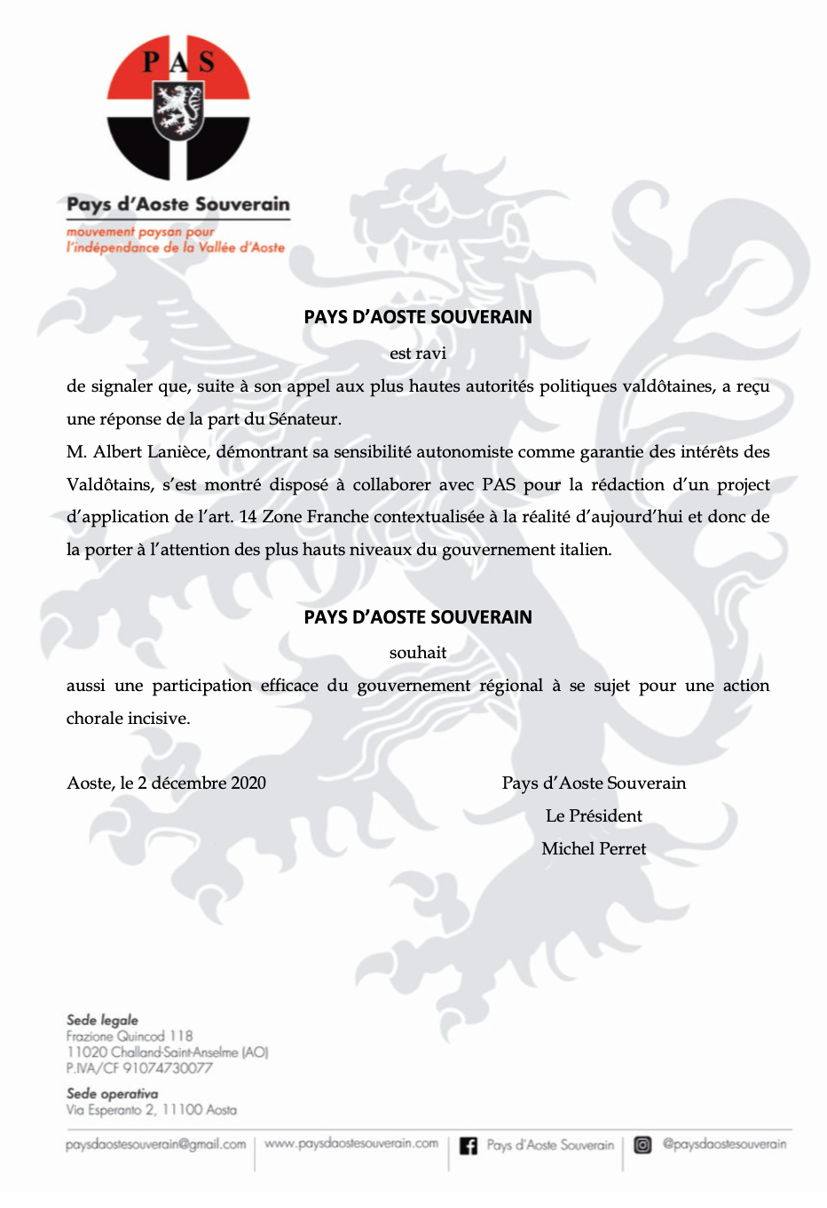 Zone Franche PAS communiqué de presse. M. Albert Lanièce